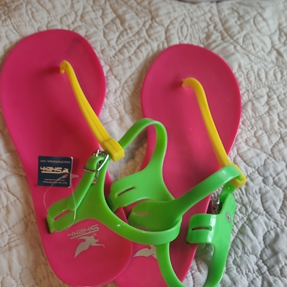 Sheike Pink and Green Sandals Vibrant Summer Footwear - Picture 1 of 5